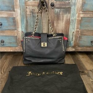 JUICY COUTURE BLACK LEATHER TOTE CHAIN STRAPS HANDBAG PURSE
